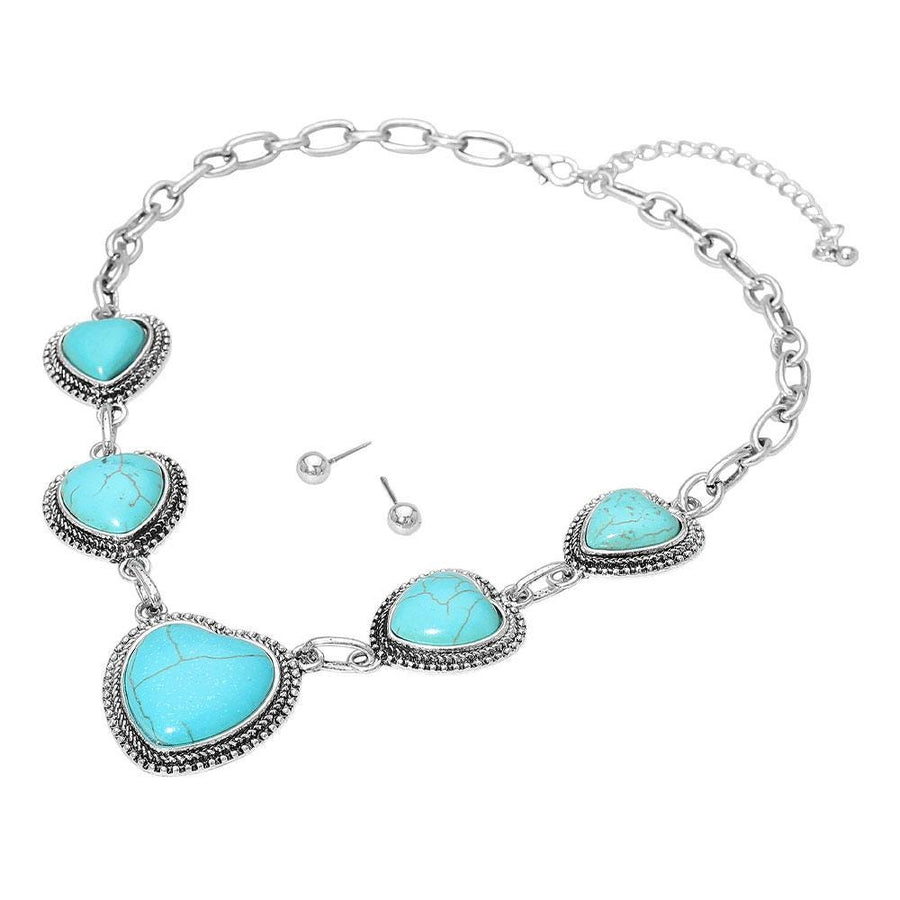 Heart Shape Natural Stone Pendant Accented Necklace Set with Stud Earrings, Boho Charm Jewelry