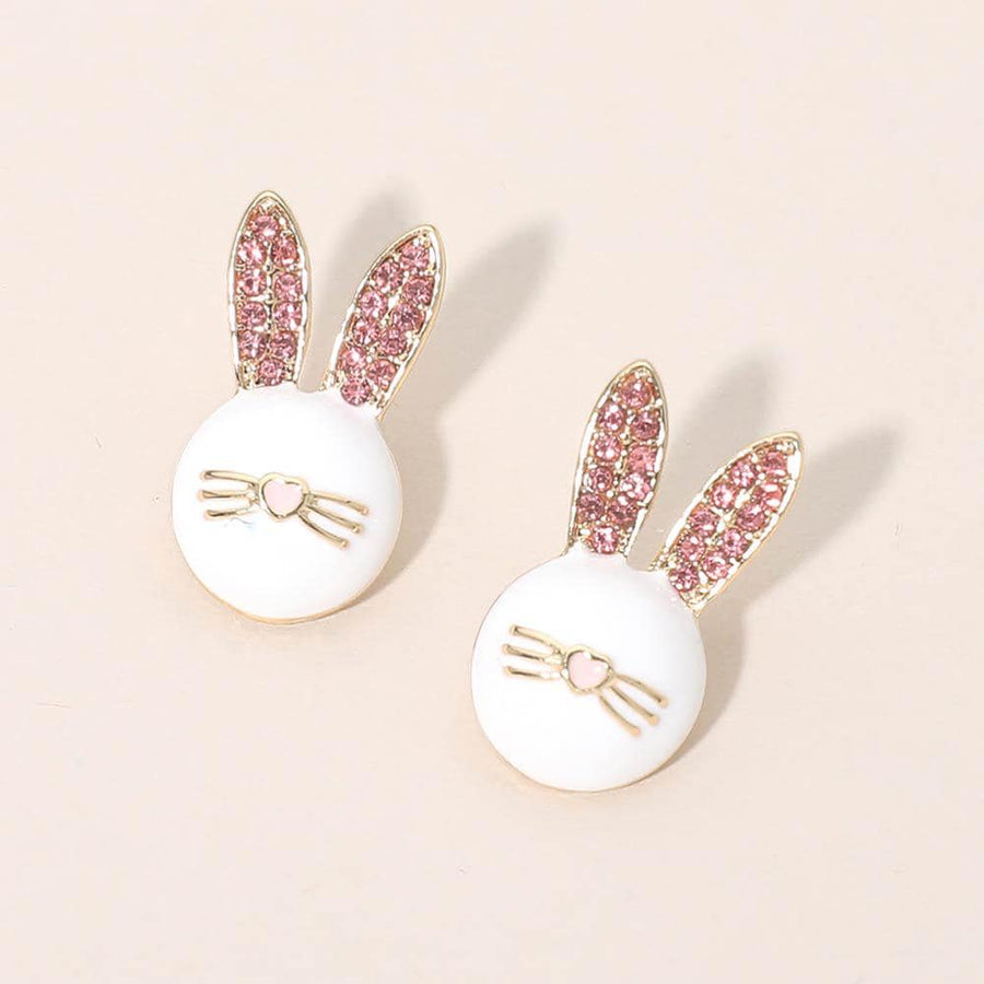Sparkly Easter Bunny Face Earrings, Rhinestone Rabbit Studs for Easter, Spring Gift