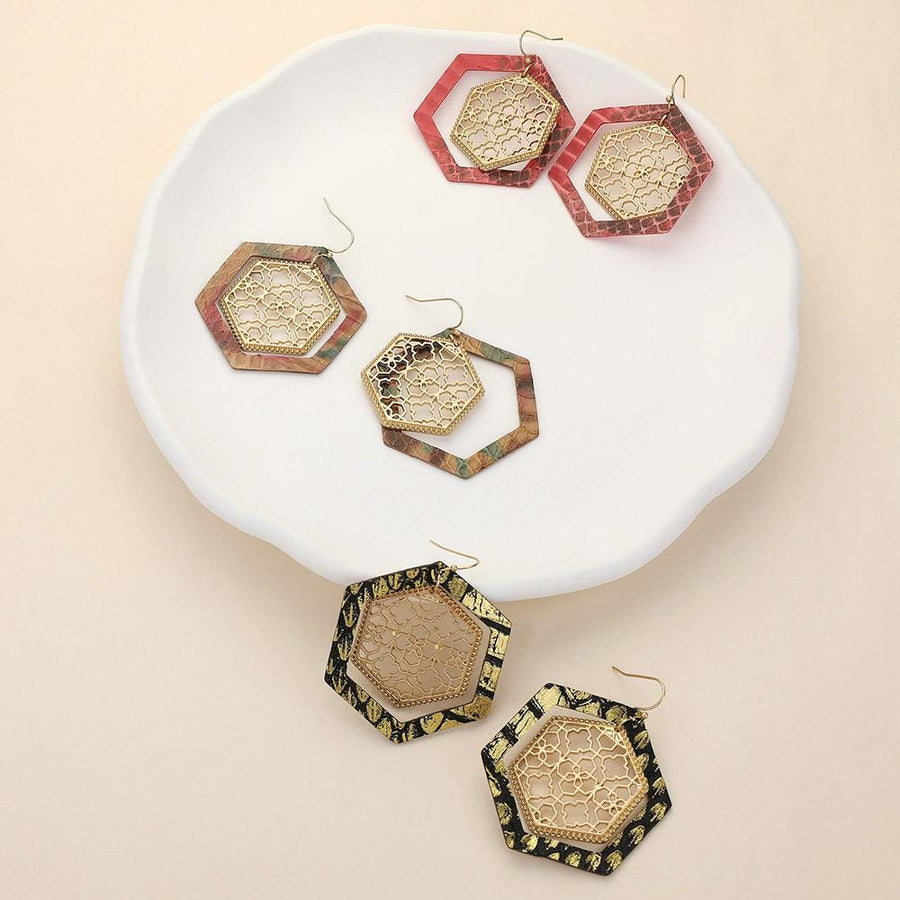 Faux Leather Moroccan Filigree Dangle Earrings | Boho Statement Drop Earrings | Lightweight Ethnic Style Jewelry