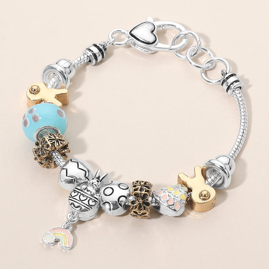 Easter Bunny Charm Bracelet, Enamel Egg Rainbow Beads, Spring Jewelry, Easter Basket Stuffer