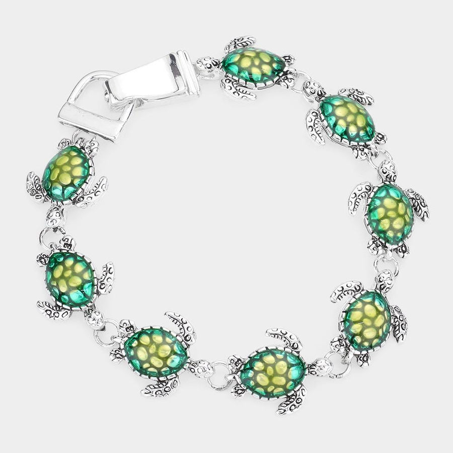 Enamel Sea Turtle Link Bracelet, Ocean Coastal Jewelry, Magnetic Closure
