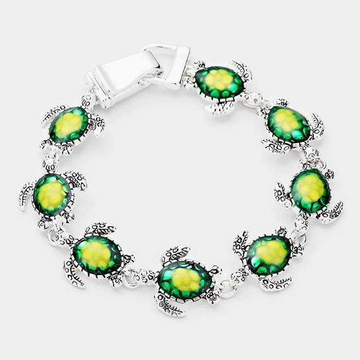 Enamel Sea Turtle Link Bracelet, Ocean Coastal Jewelry, Magnetic Closure