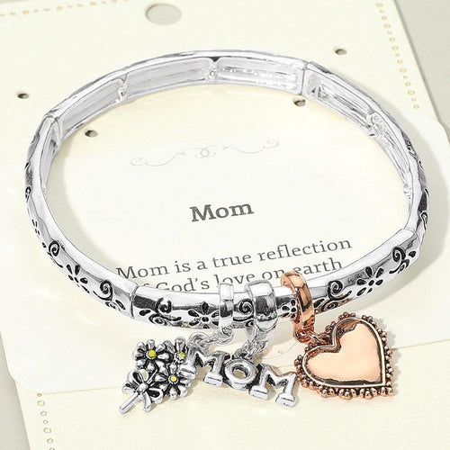 Mom Heart Flower Charm Stretch Bracelet, Mother's Day Keepsake Jewelry
