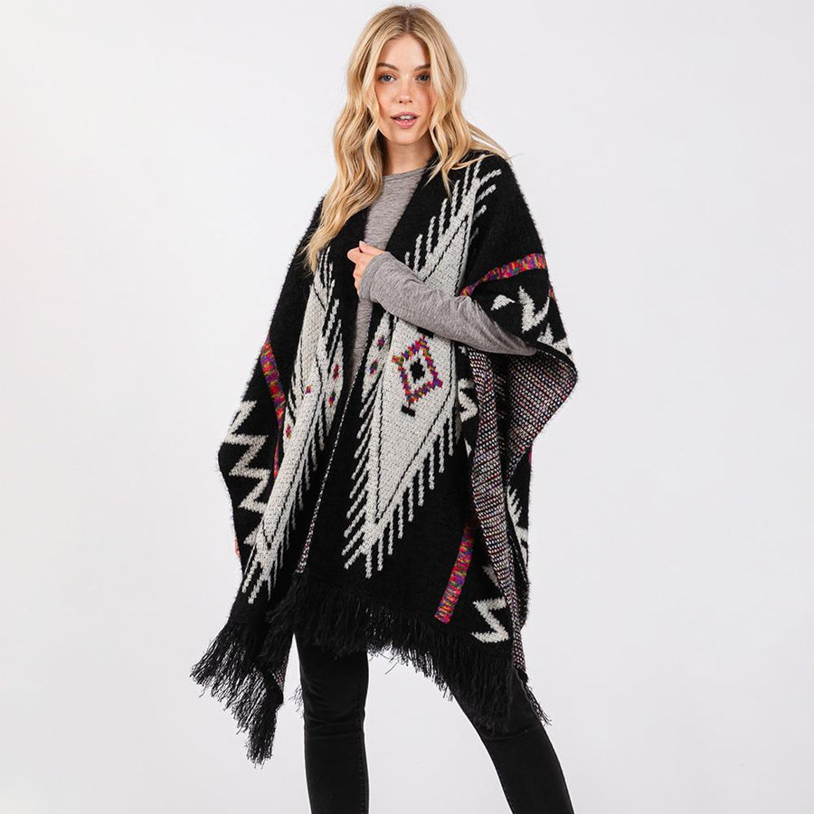 Fuzzy Aztec Pattern Tassel Knit Ruana Poncho, Boho Shawl Wrap, Oversized Winter Cape