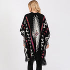 Fuzzy Aztec Pattern Tassel Knit Ruana Poncho, Boho Shawl Wrap, Oversized Winter Cape