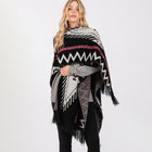 Fuzzy Aztec Pattern Tassel Knit Ruana Poncho, Boho Shawl Wrap, Oversized Winter Cape