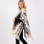 Fuzzy Aztec Pattern Tassel Knit Ruana Poncho, Boho Shawl Wrap, Oversized Winter Cape