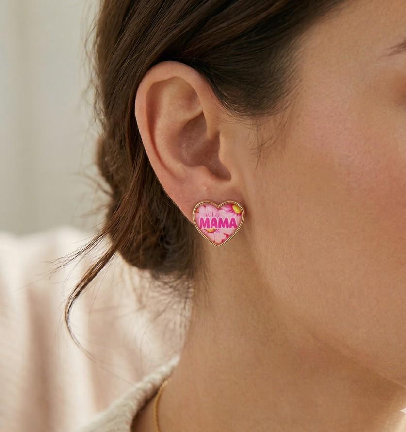 Heart Stud Earrings, Mama Message, Mother's Day Jewelry, Gift for Mom