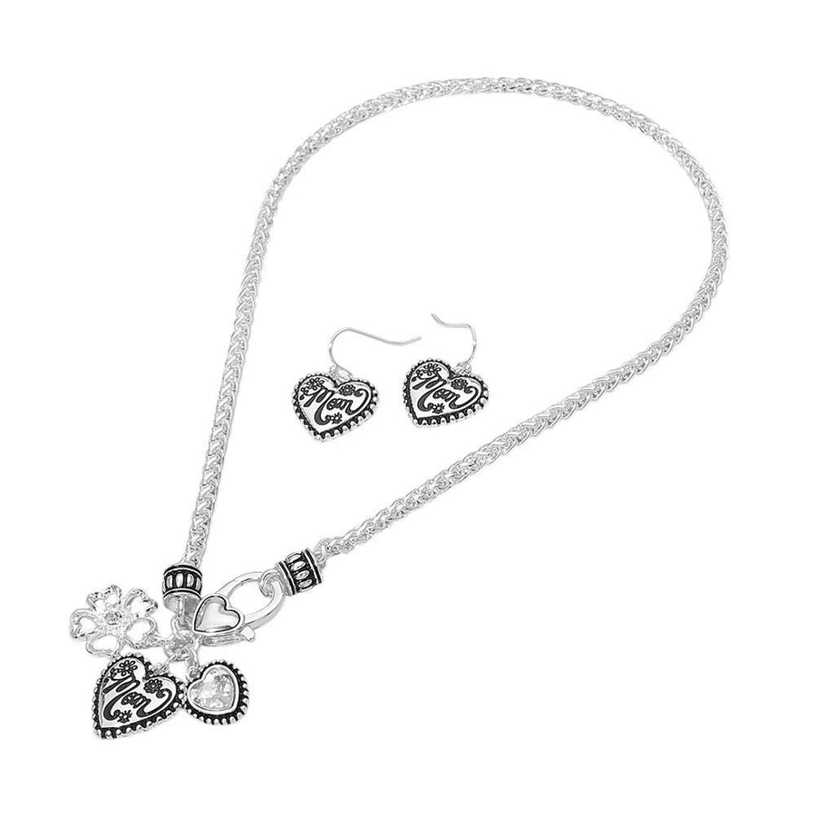 Antique Mom Heart Charm Necklace Bracelet Set, Flower Stone Pendant Jewelry