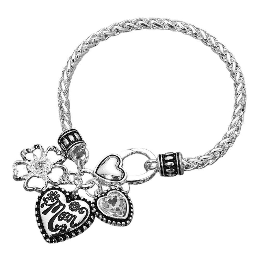 Antique Mom Heart Charm Necklace Bracelet Set, Flower Stone Pendant Jewelry