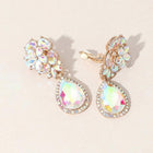 Flower Crystal Teardrop Dangle Clip On Earrings | Elegant Non Pierced Bridal Statement Drop Jewelry