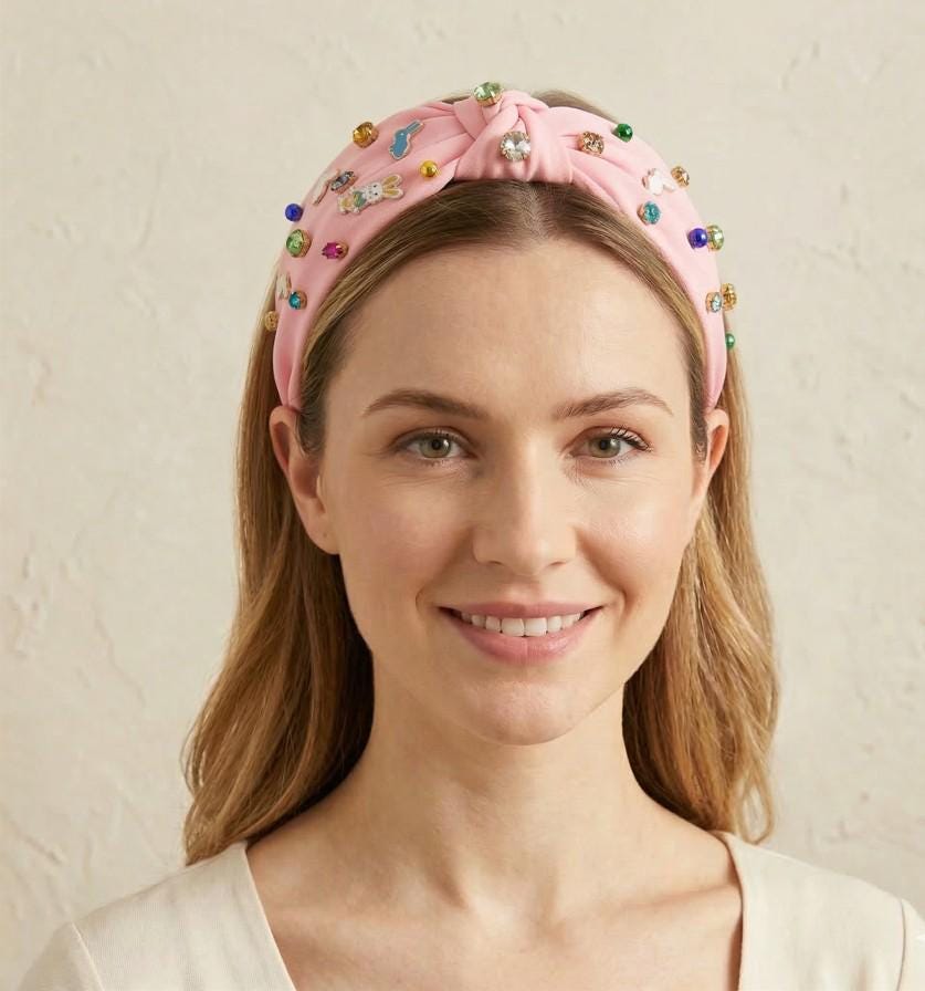 Colorful Stone Cluster Easter Knot Headband, Enamel Embellished Spring Hair Accessory