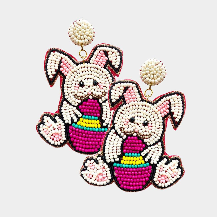 Beaded Easter Bunny Egg Dangle Earrings, Felt Back Spring Holiday Jewelry
