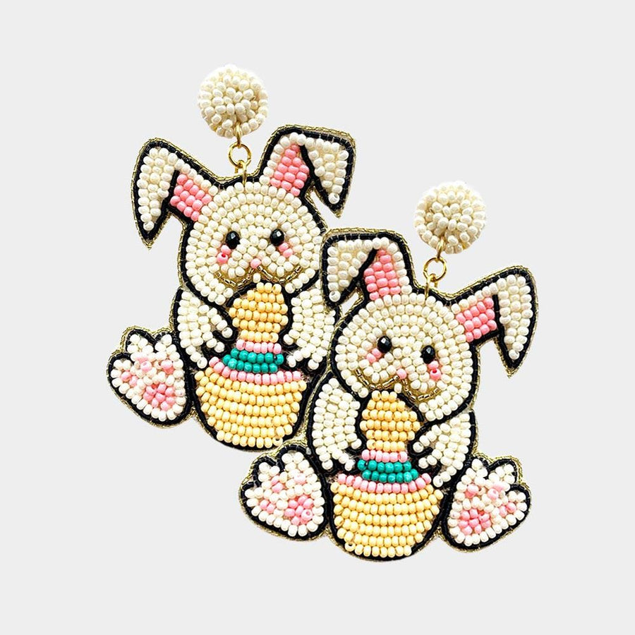 Beaded Easter Bunny Egg Dangle Earrings, Felt Back Spring Holiday Jewelry