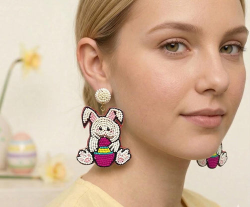 Beaded Easter Bunny Egg Dangle Earrings, Felt Back Spring Holiday Jewelry