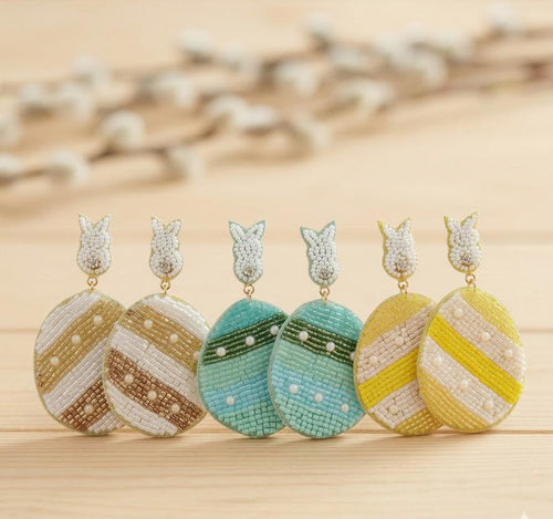 Beaded Easter Bunny Egg Dangle Earrings, Felt Back Spring Holiday Jewelry