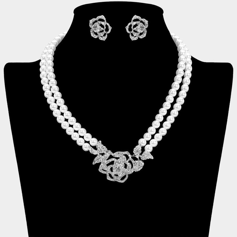 Rose Pearl Necklace, Double Layered, Rhinestone Pendant, Bridal Jewelry