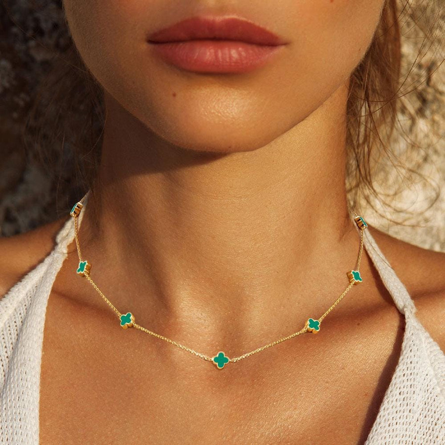 Gold Dipped Quatrefoil Station Necklace, Dainty Lucky Clover Layering Jewelry for Women