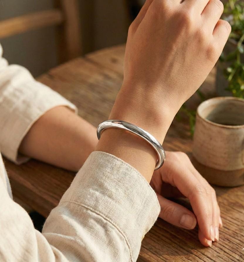 Polished Metal Dome Bangle Bracelet – Minimalist Chunky Statement Modern Everyday Jewelry