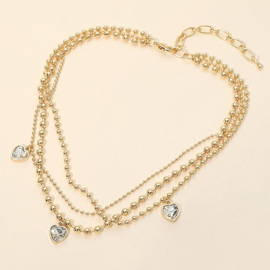 Triple Layered Heart Charm Necklace, Dainty Beaded Chain, Romantic Jewelry for Women