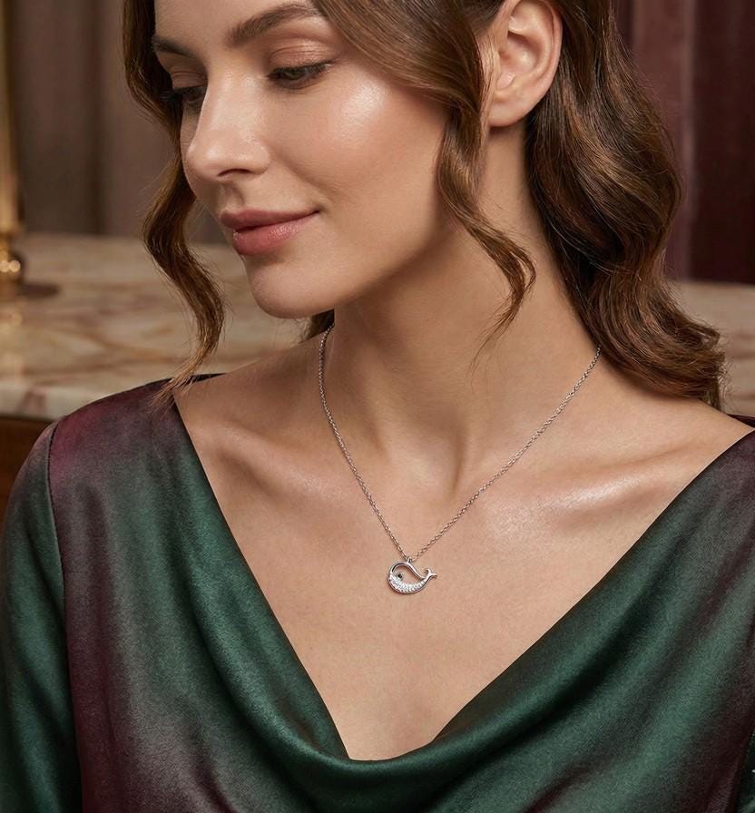 18K Gold Dipped or Silver Sparkly CZ Paved Whale Pendant Necklace | Beach Jewelry Trend