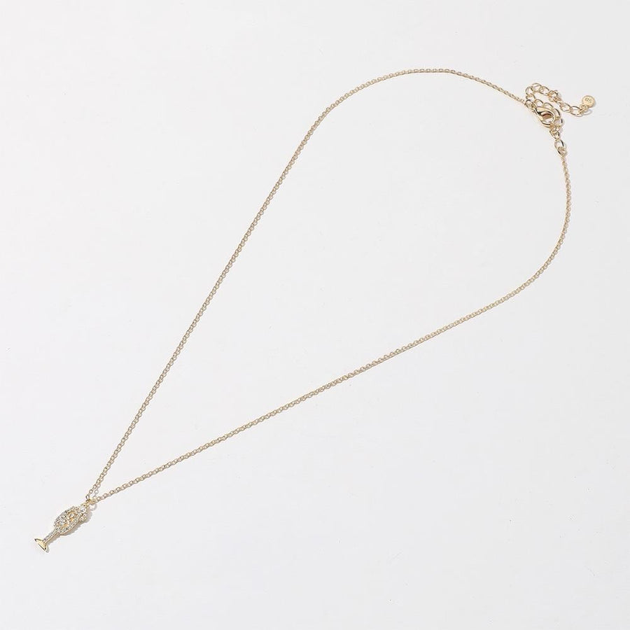 Gold Dipped Champagne Glass Pendant Necklace, CZ Pearl Celebration Jewelry