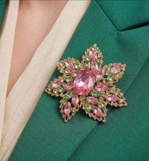 Floral Rhinestone Statement Brooch Pin, Oval Stone Wedding Brooch Clip, Vintage Style Crystal Jewelry