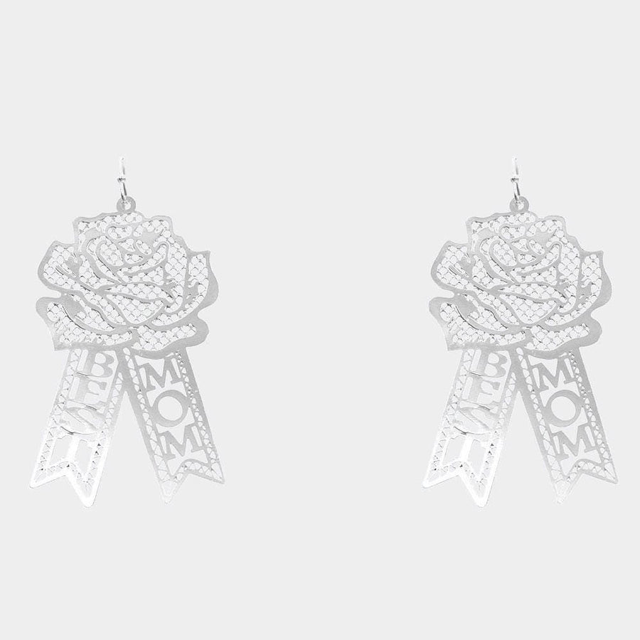 Brass Rose Flower Drop Earrings, "MOM" Dangle Jewelry, Gift for Mother