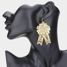 Brass Rose Flower Drop Earrings, "MOM" Dangle Jewelry, Gift for Mother