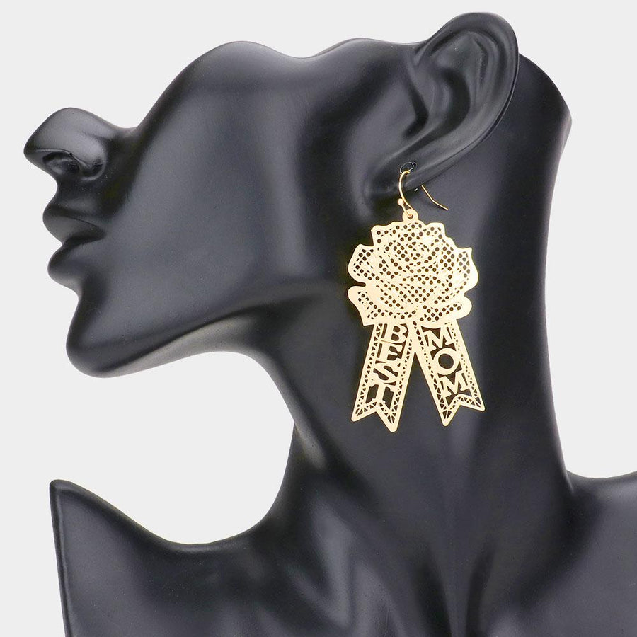Brass Rose Flower Drop Earrings, "MOM" Dangle Jewelry, Gift for Mother
