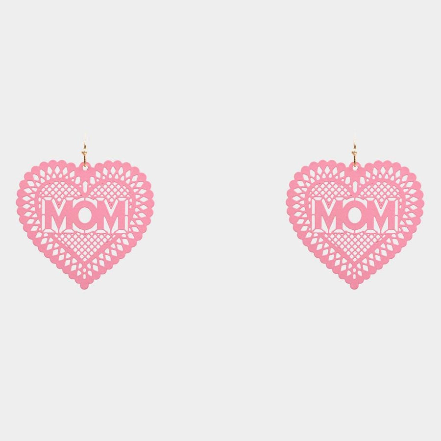 MOM Heart Dangle Earrings, Colored Brass Jewelry, Gift for Mom