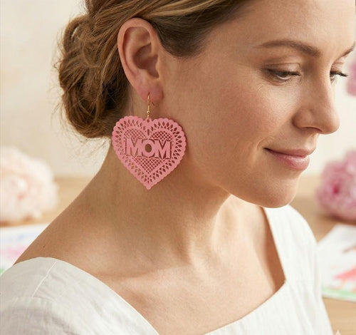 MOM Heart Dangle Earrings, Colored Brass Jewelry, Gift for Mom