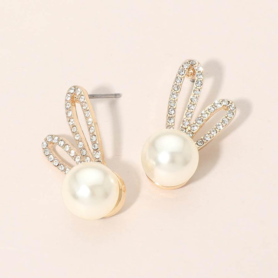 Sparkly Easter Bunny Pearl Stud Earrings, Rhinestone Style Jewelry for Easter basket Gift