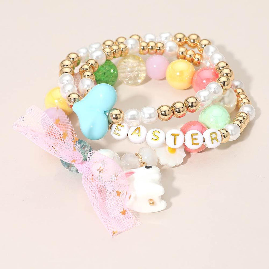 Easter Bunny Charm Beaded Bracelet Stack, Stretch Bracelets, Spring Jewelry, Easter Basket Gift