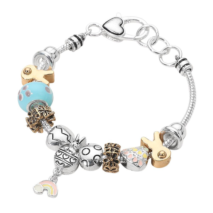 Easter Bunny Charm Bracelet, Enamel Egg Rainbow Beads, Spring Jewelry, Easter Basket Stuffer