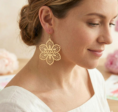 MAMA Flower Dangle Earrings, Colored Brass Floral Jewelry, Gift for Mom