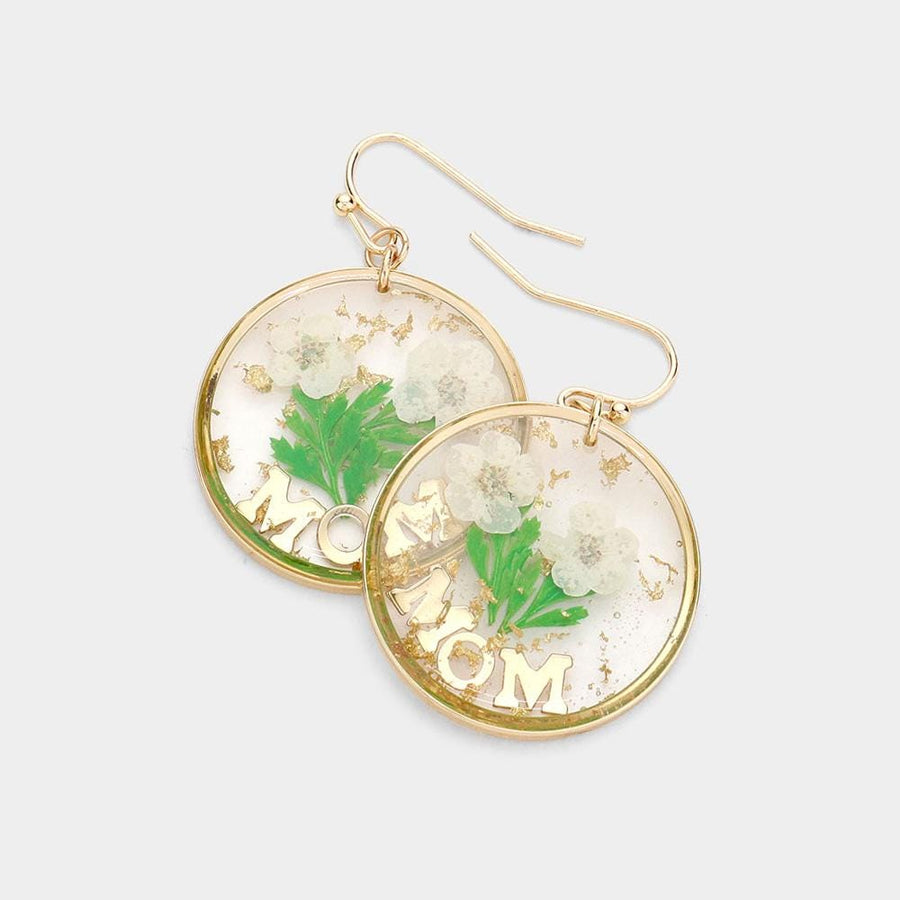 MOM Pressed Flower Earrings, Real Floral Lucite Dangles, Nature Jewelry, Round Dangle Earrings