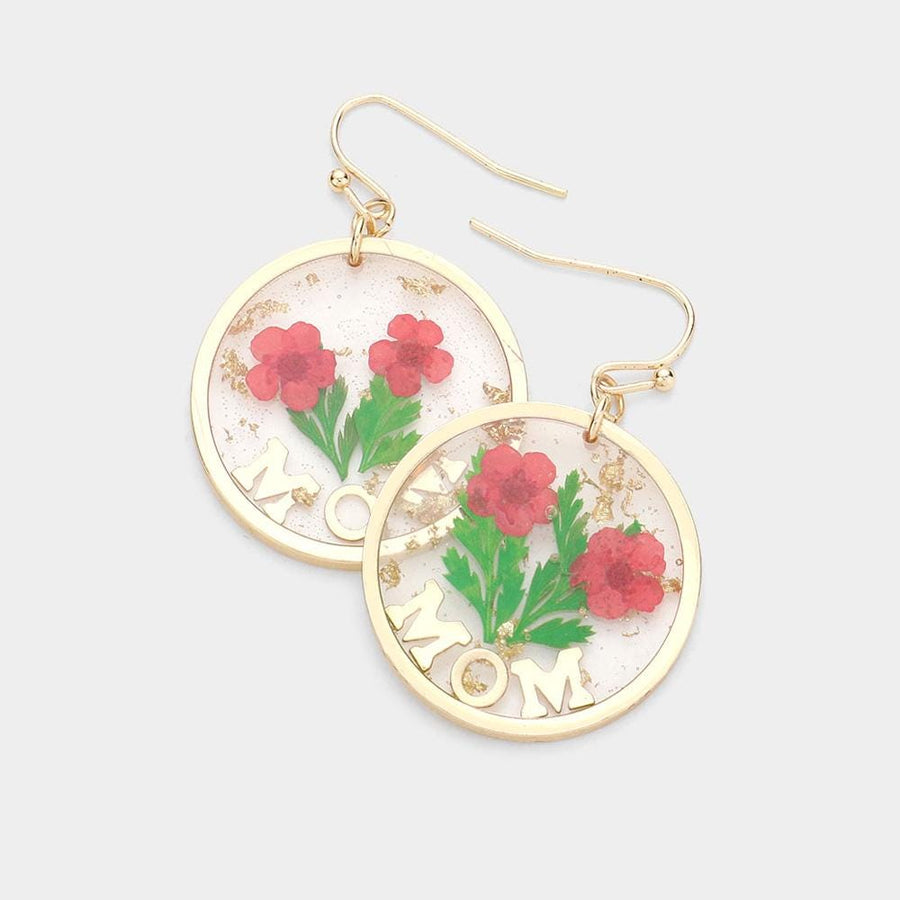 MOM Pressed Flower Earrings, Real Floral Lucite Dangles, Nature Jewelry, Round Dangle Earrings