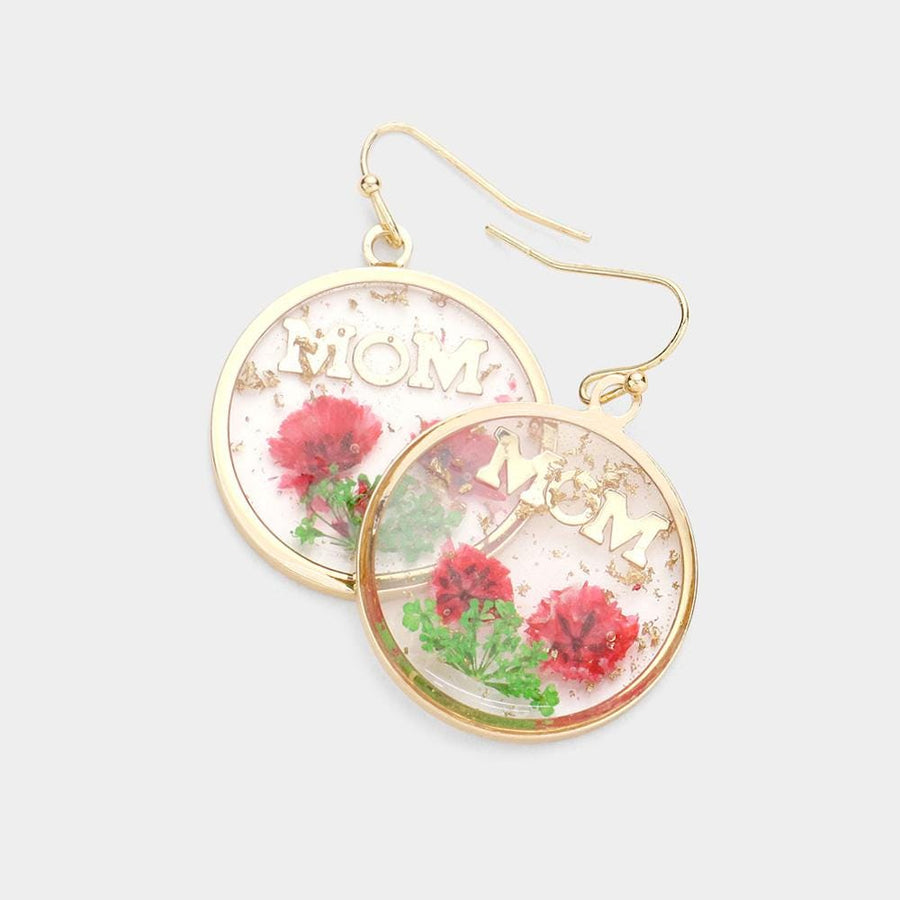 MOM Pressed Flower Earrings, Real Floral Lucite Dangles, Nature Jewelry, Round Dangle Earrings