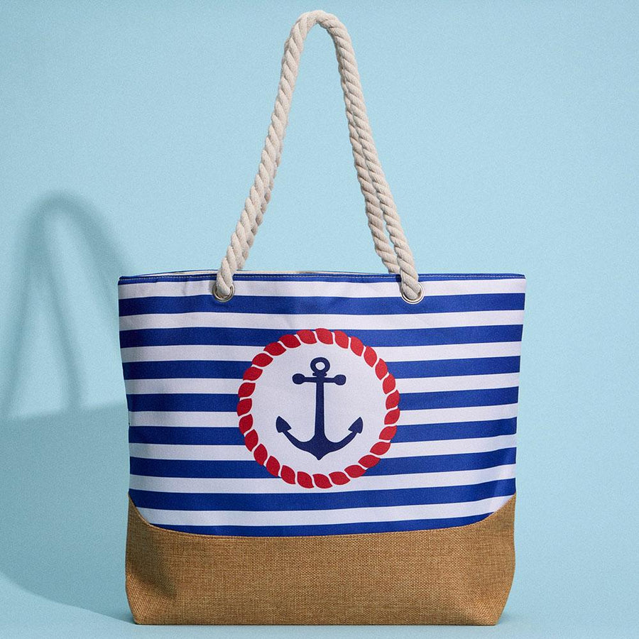 Anchor Striped Beach Tote, Rope Handle Shoulder bag, Large Summer Vacation Pool Bag