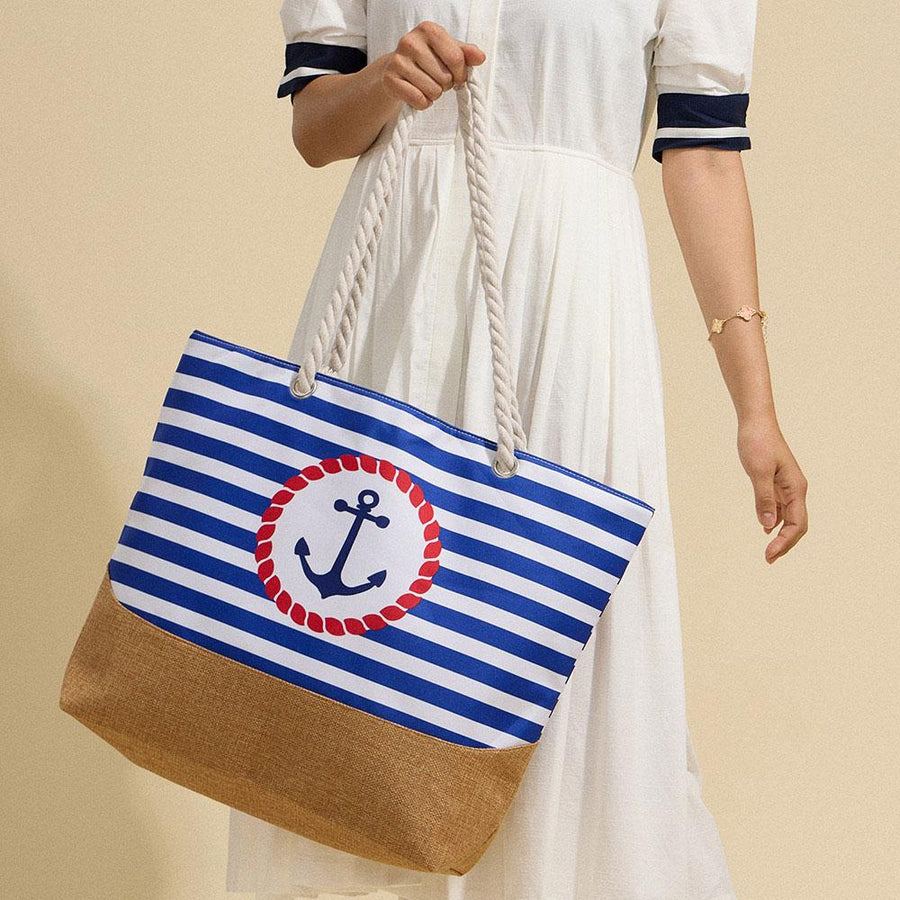 Anchor Striped Beach Tote, Rope Handle Shoulder bag, Large Summer Vacation Pool Bag