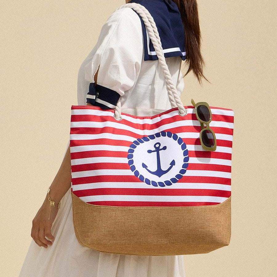 Anchor Striped Beach Tote, Rope Handle Shoulder bag, Large Summer Vacation Pool Bag