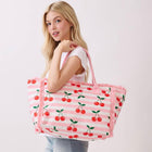 Striped Cherry Tote Bag, Large Boho Shoulder Bag, Summer Beach Travel Carryall