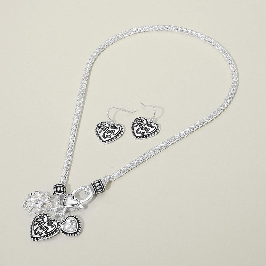Antique Mom Heart Charm Necklace Bracelet Set, Flower Stone Pendant Jewelry