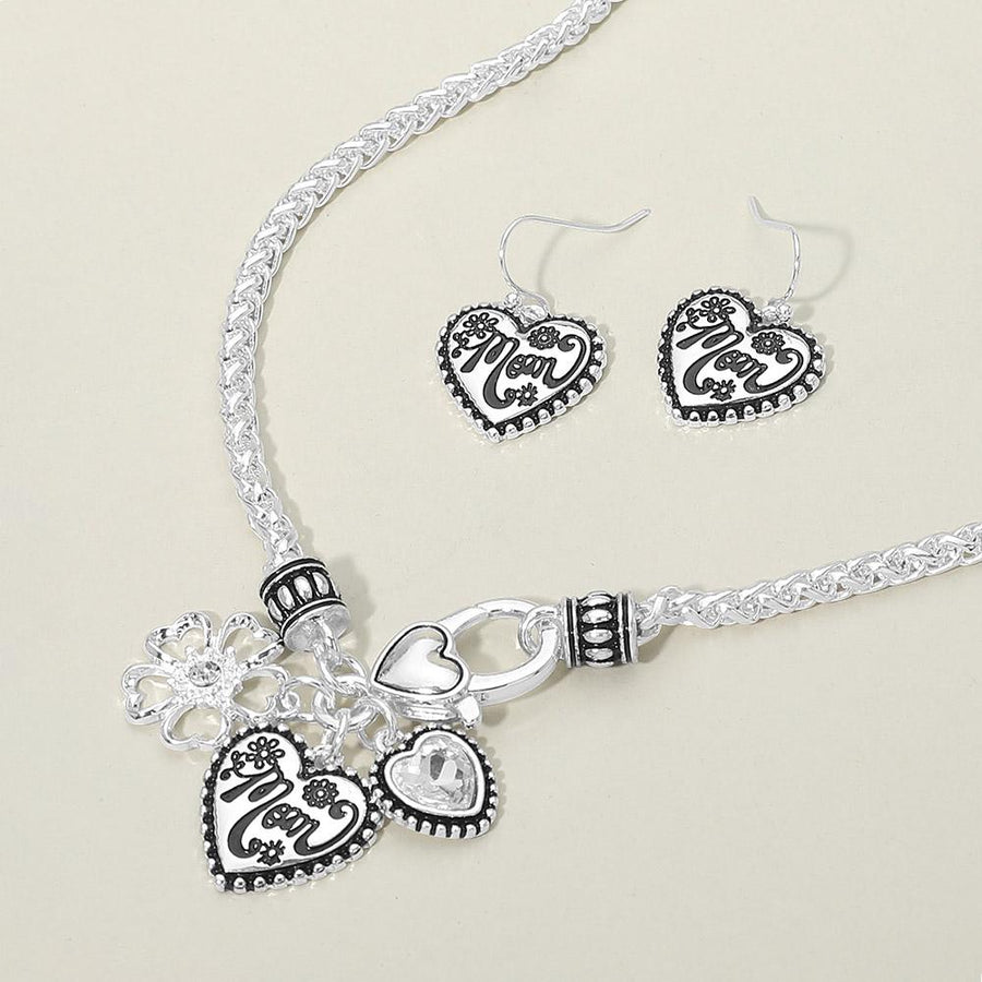 Antique Mom Heart Charm Necklace Bracelet Set, Flower Stone Pendant Jewelry