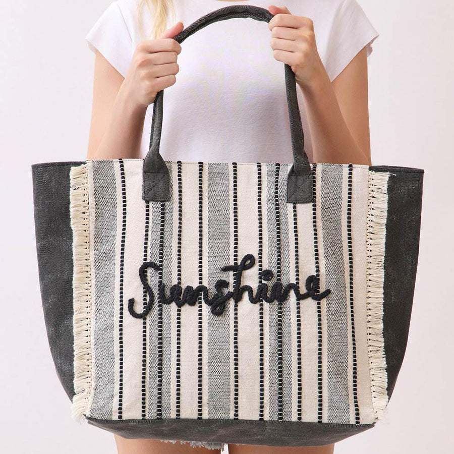 Sunshine Striped Fringe Tote Bag, Boho Summer Beach Shoulder Bag, Large Handbag