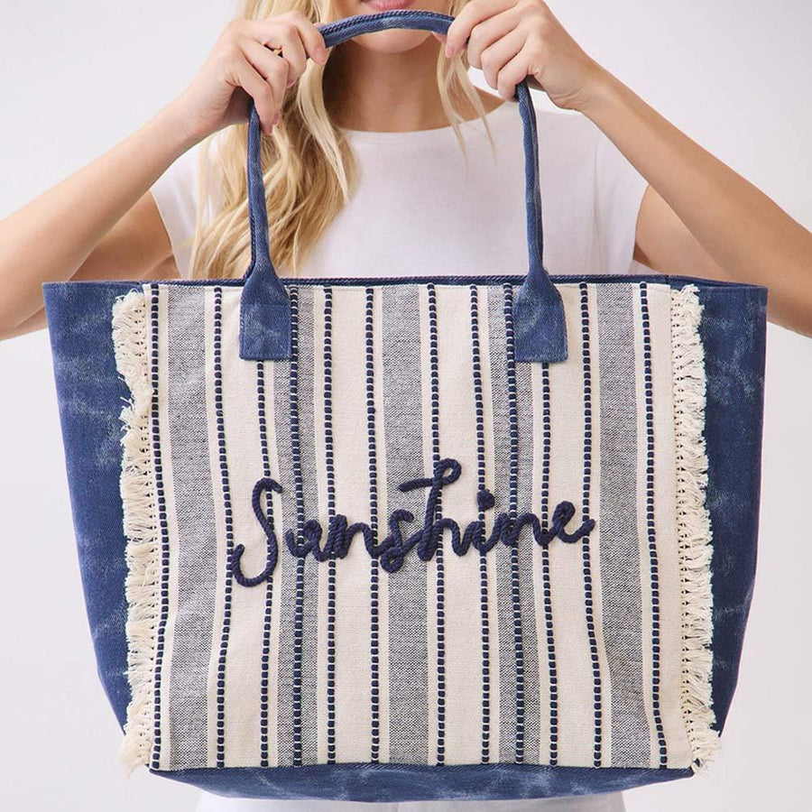 Sunshine Striped Fringe Tote Bag, Boho Summer Beach Shoulder Bag, Large Handbag