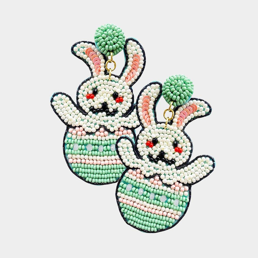 Seed Beaded Easter Bunny Egg Dangle Earrings, Felt Back Spring Holiday Jewelry