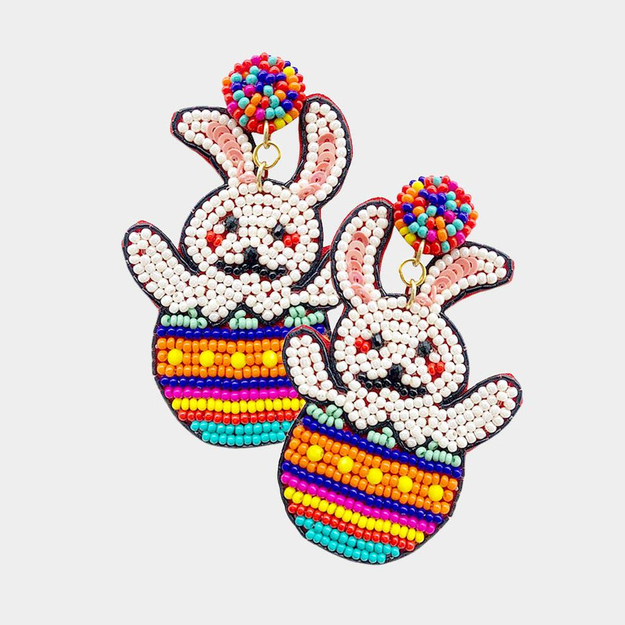 Seed Beaded Easter Bunny Egg Dangle Earrings, Felt Back Spring Holiday Jewelry