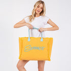Embroidered Summer Canvas Tote Bag, Frayed Fringe Beach, Boho Shoulder Bag